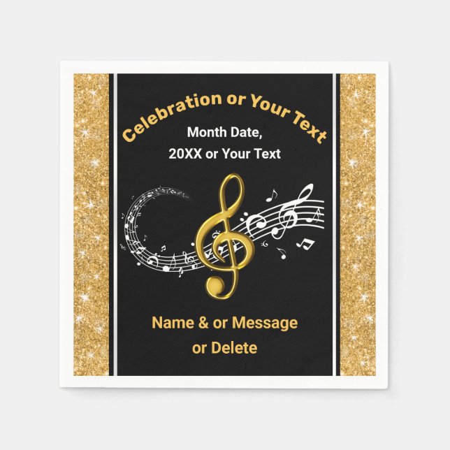 Stunning Black and Gold Personalized Music Napkins (Front)