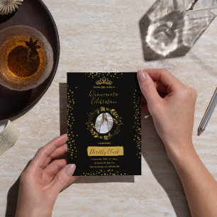 Stunning Black and Gold Watercolor Quinceañera Invitation