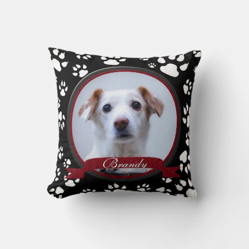 Stunning Black and White Dog Memorial Paw Prints Throw Pillow