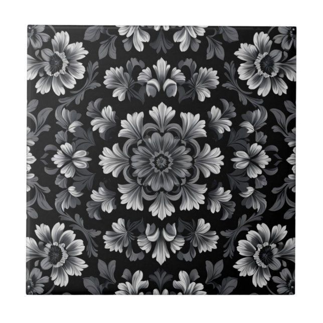 Stunning Black and White Floral Ceramic Tile (Front)