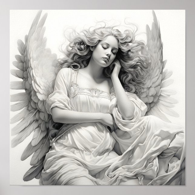 stunning black and white sleeping angel drawing  poster (Front)