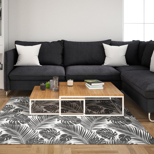Stunning Black and White Tropical Leaves Rug