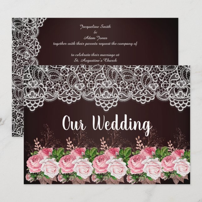 Stunning Black Background Pink Floral Lace Wedding Invitation (Front/Back)
