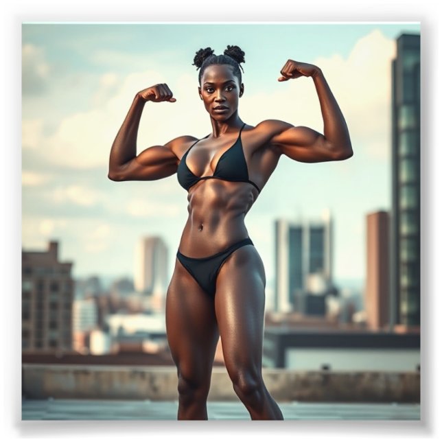 Stunning Black Fitness Model Flexing Muscles Photo Print (Front)