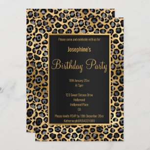 STUNNING BLACK & GOLD 2 LEOPARD BIRTHDAY INVITATION