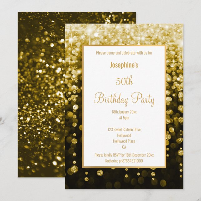 STUNNING BLACK & GOLD GLITTER WATERFALL  BIRTHDAY INVITATION (Front/Back)