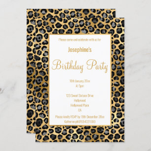 STUNNING BLACK & GOLD LEOPARD BIRTHDAY INVITATION