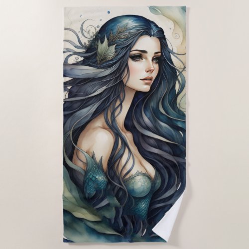 Stunning Black Haired Mermaid Beach Towel