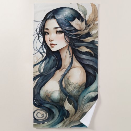 Stunning Black Haired Mermaid Beach Towel