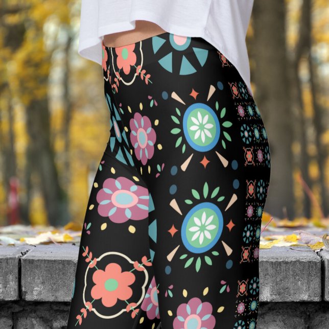 Stunning Black Scandinavian Folk Pattern Leggings (Scandinavian Folk on Black Leggings)