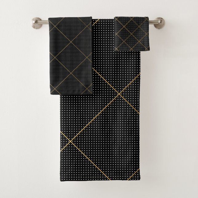STUNNING BLACK WHITE GOLD SPOT BATHROOM TOWEL SET (Insitu)