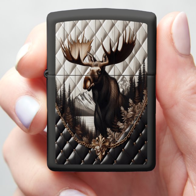 Stunning Black White Moose Leather Art Zippo Lighter (In Hand)