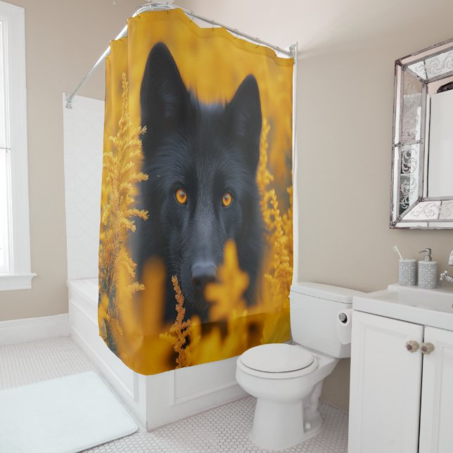 Stunning Black Wolf with Gold Eyes Shower Curtain (In Situ)