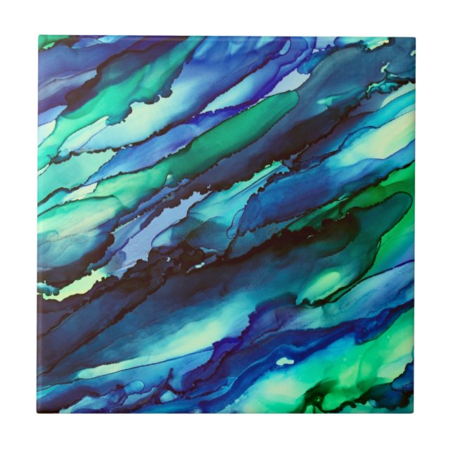 Stunning Blue Alcohol Ink Painting Ceramic Tile (Front)