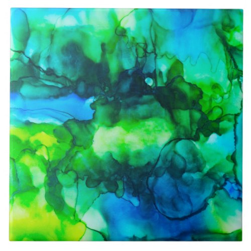 Stunning Blue Alcohol Ink Painting Ceramic Tile