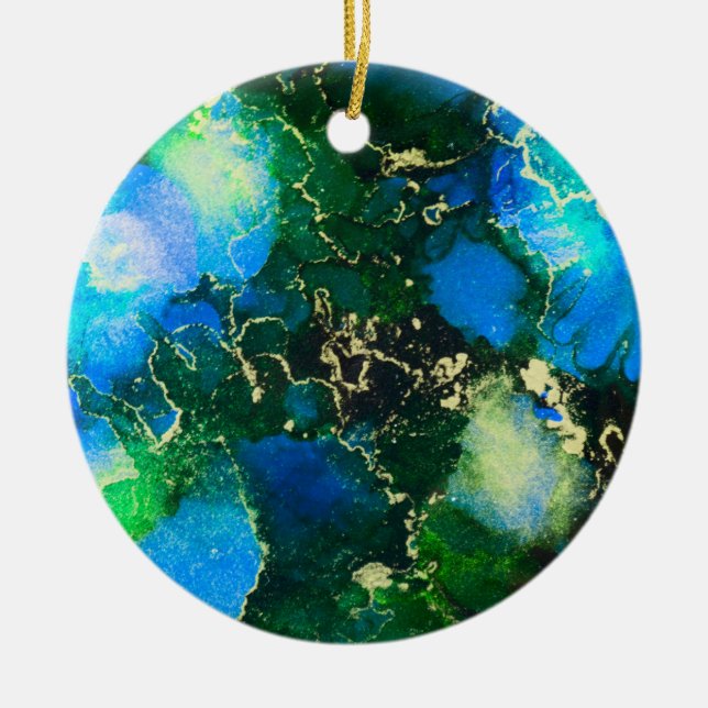 Stunning Blue and Gold Alcohol Ink Painting Ceramic Ornament (Front)