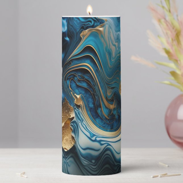 Stunning Blue and Gold Marble Pillar Candle (In Situ)