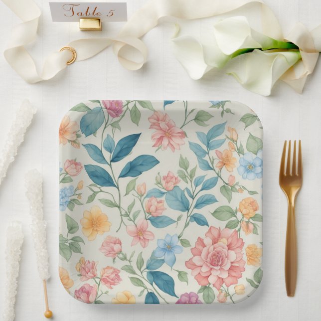 Stunning Blue and Pink Floral Design Paper Plates (Wedding)