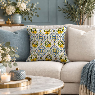 Stunning Blue And Yellow Lemon Tile Pillow Decor