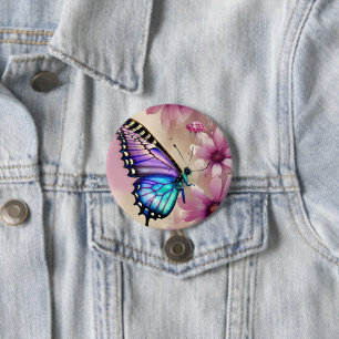 Stunning Blue Butterfly and Pink Flowers Button