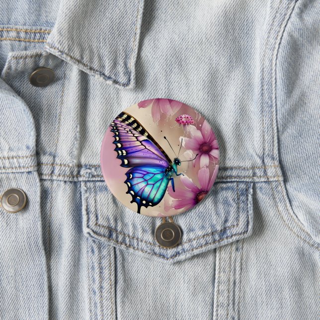 Stunning Blue Butterfly and Pink Flowers Button (In Situ)