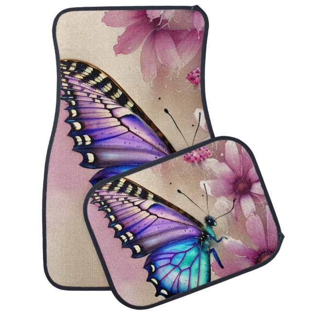 Stunning Blue Butterfly and Pink Flowers Car Floor Mat (Set)
