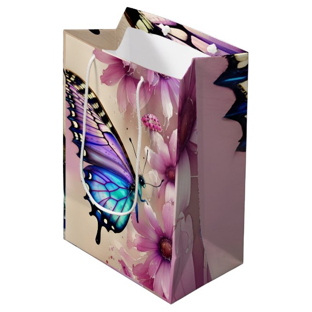 Stunning Blue Butterfly and Pink Flowers Medium Gift Bag (Front Angled)