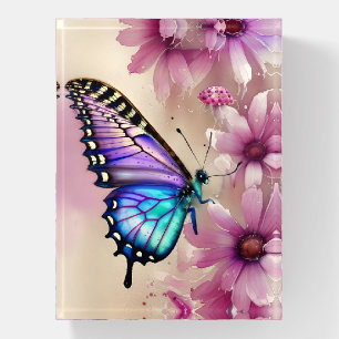 Stunning Blue Butterfly and Pink Flowers Paperweight