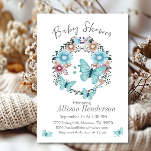 Stunning Blue Butterfly Wreath Baby Shower  Invitation