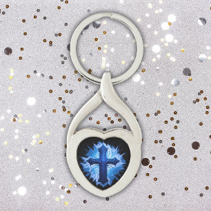 Stunning Blue Christian Cross on black Keychain