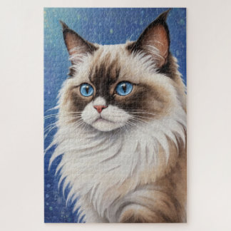 Stunning Blue Eyed Ragdoll Cat Painting Elegant  Jigsaw Puzzle