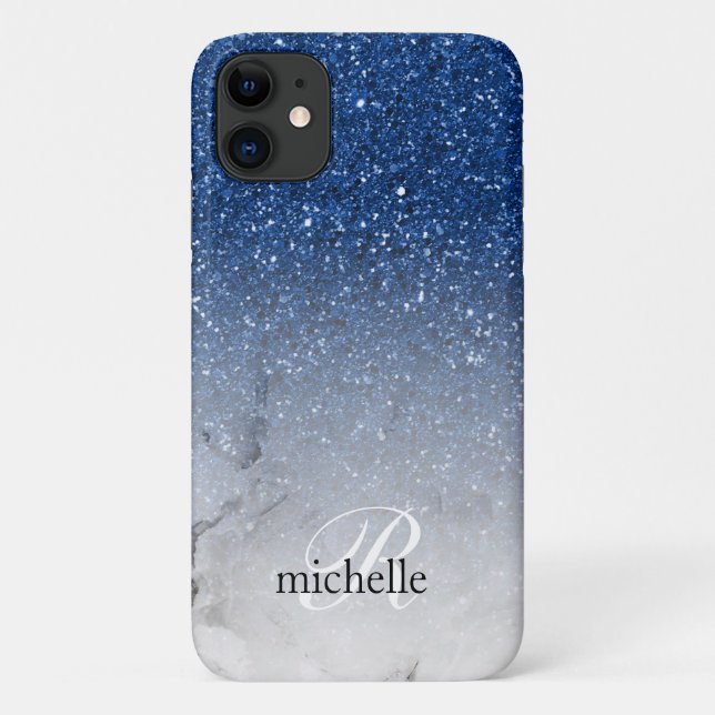 Stunning Blue Glitter Ombre Marble Monogram Case-Mate iPhone Case (Back)