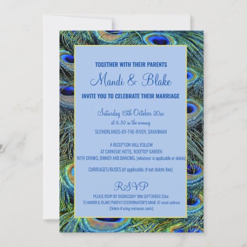 Stunning Blue  Gold Peacock Feathers Wedding Invitation