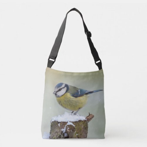 Stunning blue tit wild bird in the snow crossbody bag