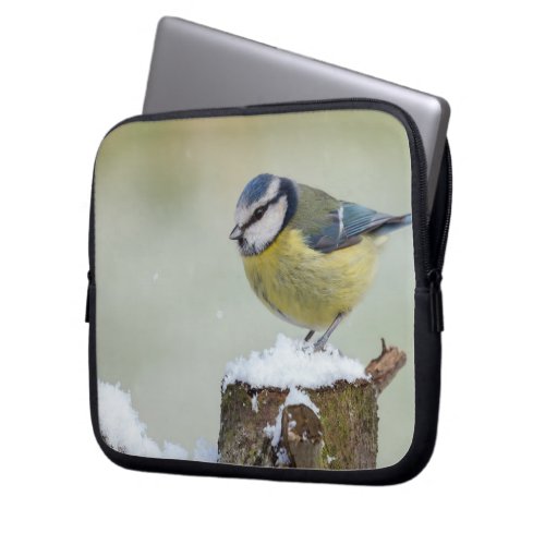 Stunning blue tit wild bird in the snow laptop sleeve