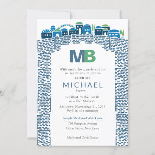 Stunning Blue Wailing Jerusalem Mitzvah Invite