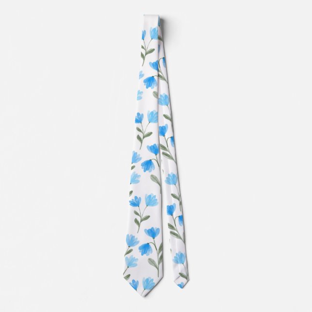 Stunning Blue Watercolor Floral Print Neck Tie (Front)