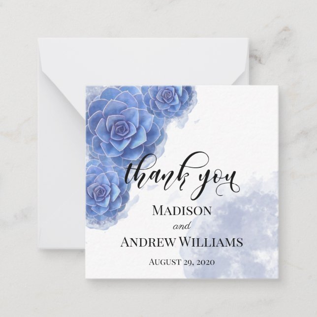 Stunning Blue Watercolor Succulents Thank You Note Card (Front)