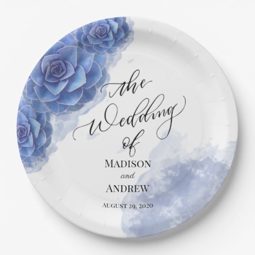 Stunning Blue Watercolor Succulents Wedding Paper Plates