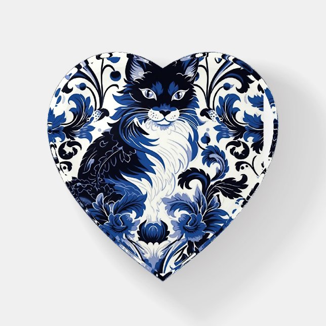 Stunning Blue White Cat Heart Paperweight (Front)
