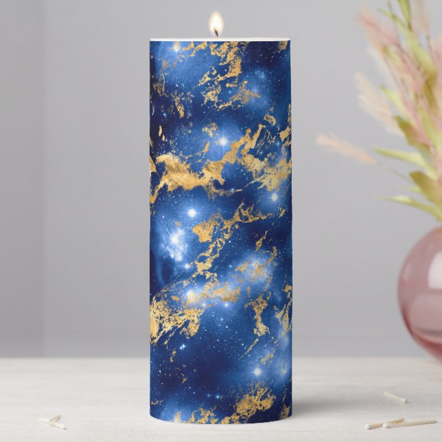 Stunning Blue, White & Gold Marble Galaxy Pillar Candle (In Situ)