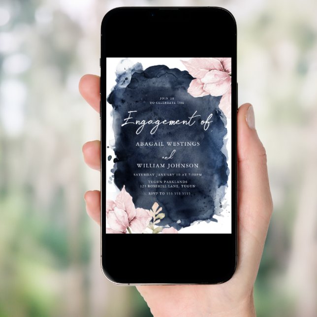 Stunning Blush Floral Navy Splash Engagement Party Invitation (Front Digital)