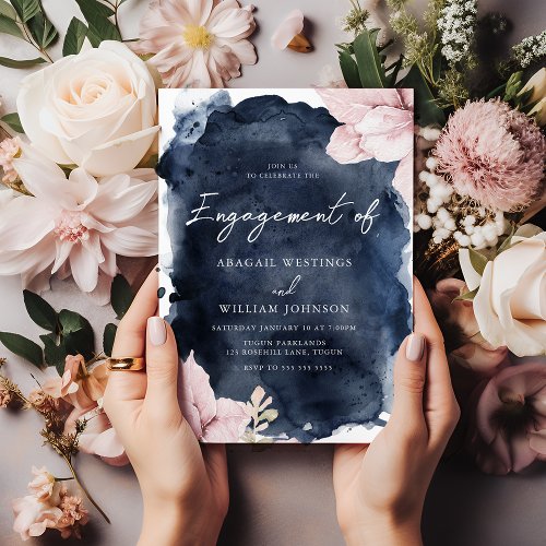 Stunning Blush Floral Navy Splash Engagement Party Invitation
