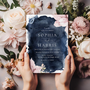 Stunning Blush Floral Navy Splash Wedding Invitation