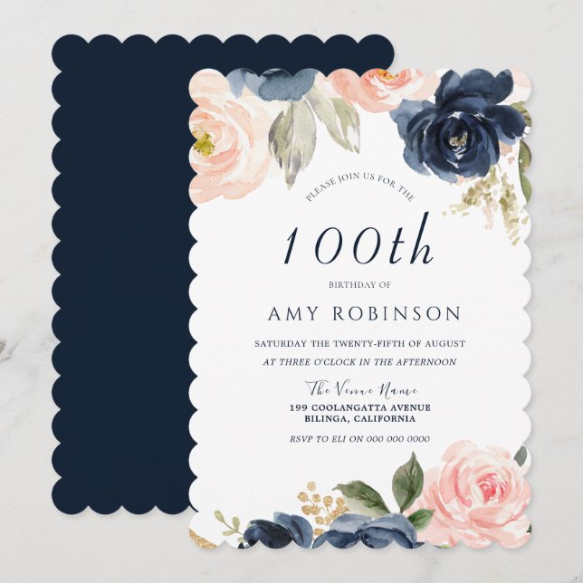 Stunning Blush & Navy Floral 100th Birthday Party Invitation (Front/Back)