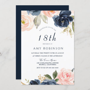Stunning Blush & Navy Floral 18th Birthday Party Invitation