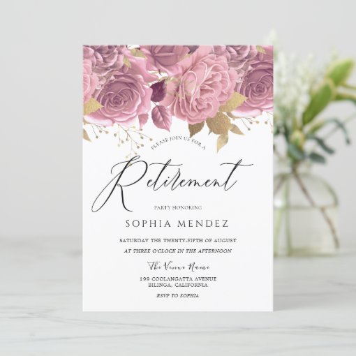 Stunning Blush Pink Floral Gold Retirement Party Invitation | Zazzle