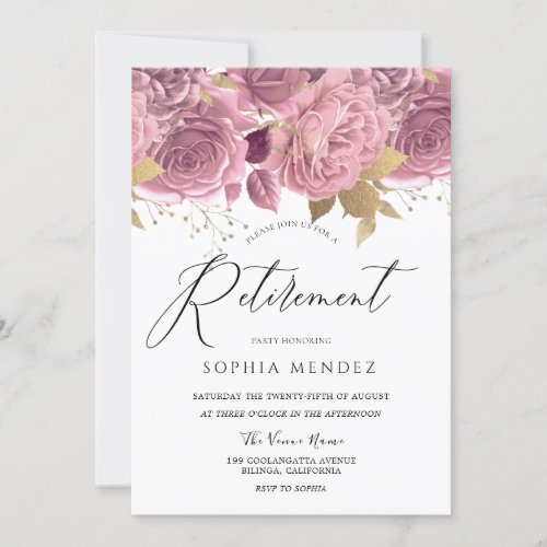 Stunning Blush Pink Floral Gold Retirement Party Invitation