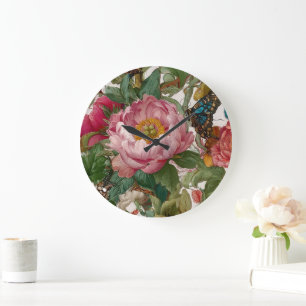 Stunning Bold Floral Design Butterfly and Peonies Large Clock