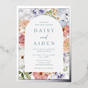 Stunning Botanical Floral Arch Wedding Silver Foil Invitation